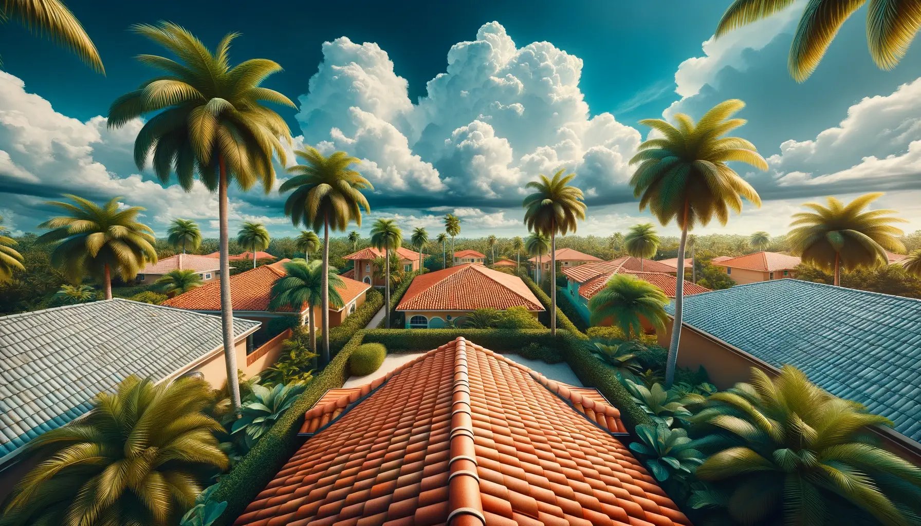 DALL·E 2024-05-13 14.52.52 - A realistic depiction of a typical Florida roof in a wide aspect ratio, featuring terracotta tiles and surrounded by lush palm trees under a bright bl