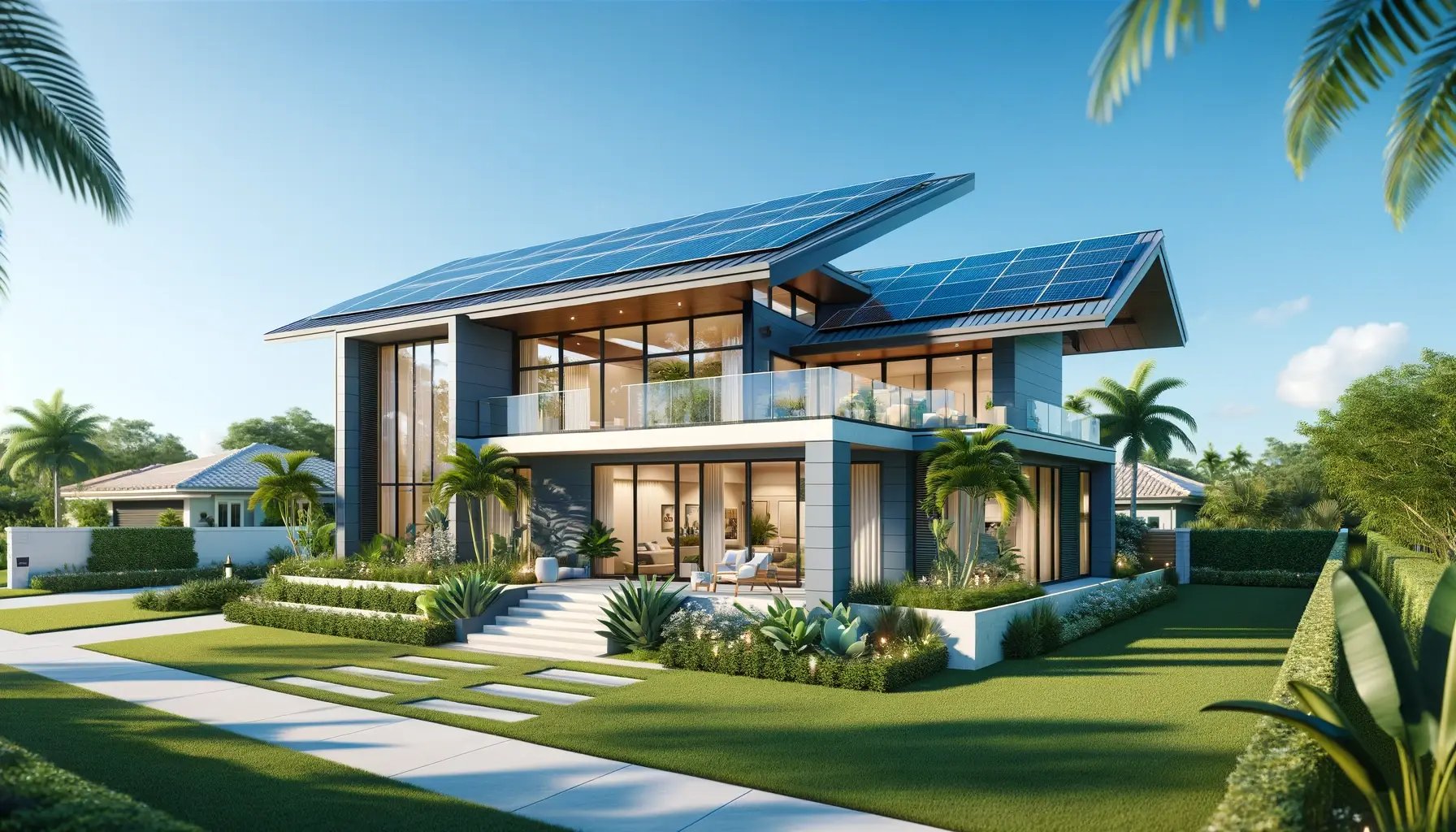 DALL·E 2024-05-22 14.16.28 - A modern Florida house with a solar roof. The house features a contemporary design with clean lines, large windows, and a minimalist aesthetic. The so